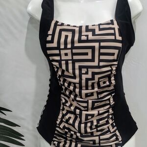 Classic Black & Beige Geo-Print One-Piece Swimsuit